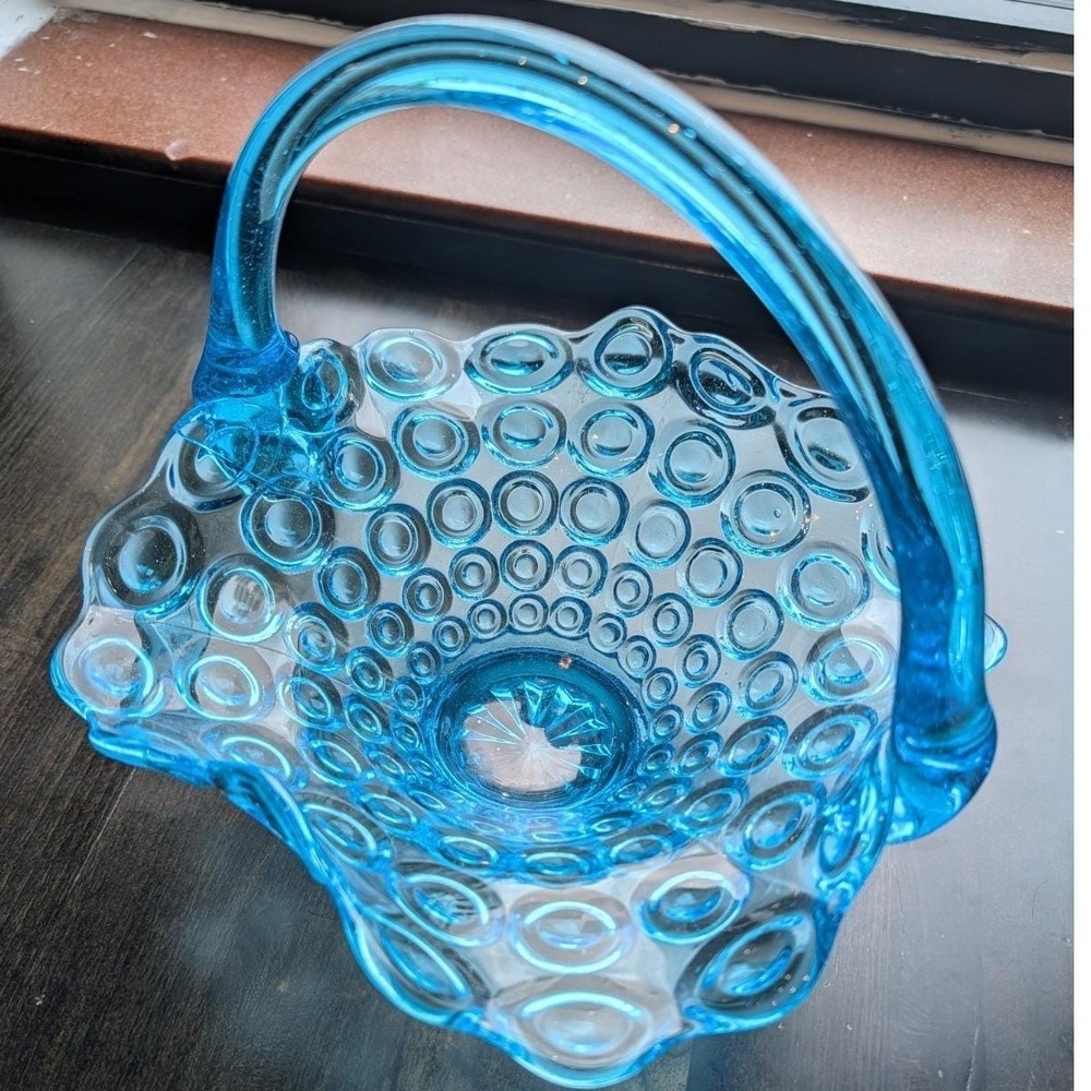 Vintage Italian Art Glass Basket Blue Bullseye Mid Century Ruffled Handle MCM
